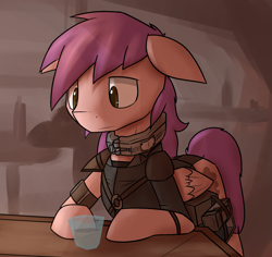 Size: 2227x2102 | Tagged: safe, artist:erthilo, oc, oc only, pegasus, pony, fallout equestria, bar, bomb collar, clothes, collar, drink, floppy ears, gun, laser pistol, looking down, sad, solo, weapon