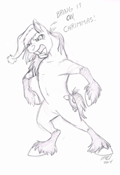 Size: 797x1157 | Tagged: safe, artist:carnivorouscaribou, oc, oc only, oc:rough sketch (carnivorouscaribou), pony, bipedal, bring it on, christmas, hat, monochrome, santa hat, sketch, solo, traditional art, unshorn fetlocks, yelling