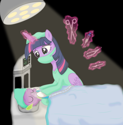 Size: 2235x2272 | Tagged: safe, artist:deannaphantom13, spike, twilight sparkle, twilight sparkle (alicorn), alicorn, dragon, pony, clothes, commission, doctor, doctor twilight, female, gloves, hoof gloves, hospital, latex, latex gloves, mare, rubber gloves, surgeon