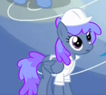 Size: 215x193 | Tagged: safe, screencap, blueberry punch, peppermint crunch, pegasus, pony, sonic rainboom (episode), background pony, cropped, female, hard hat, mare, solo focus, weather factory uniform