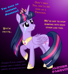 Size: 2000x2203 | Tagged: safe, artist:deannaphantom13, twilight sparkle, twilight sparkle (alicorn), alicorn, pony, crying, female, hoof shoes, immortality blues, impled rainbow dash, implied applejack, implied flash sentry, implied fluttershy, implied pinkie pie, implied rarity, mare, purple background, sad, simple background, solo, twilight will outlive her friends