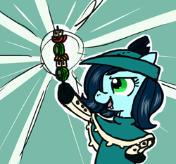 Size: 640x600 | Tagged: safe, alternate version, artist:ficficponyfic, color edit, edit, edited edit, oc, oc only, oc:emerald jewel, earth pony, pony, alternate color palette, child, clothes, color, colored, colt, colt quest, drool, femboy, foal, food, hair over one eye, hat, male, proud, shishkebab, solo, star burst, trap, young