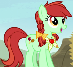 Size: 700x642 | Tagged: safe, screencap, candy apples, earth pony, pony, appleoosa's most wanted, apple family member, background pony, bow, cropped, female, hair bow, mare, open mouth, pigtails, solo