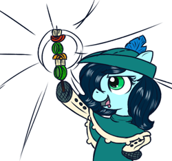 Size: 640x600 | Tagged: safe, alternate version, artist:ficficponyfic, color edit, edit, edited edit, oc, oc only, oc:emerald jewel, earth pony, pony, alternate color palette, child, clothes, color, colored, colt, colt quest, drool, femboy, foal, food, hair over one eye, hat, male, proud, shishkebab, simple background, solo, star burst, trap, young