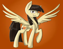 Size: 1024x805 | Tagged: safe, artist:despotshy, wild fire, pegasus, pony, brown eyes, brown mane, raised hoof, solo, spread wings, wings