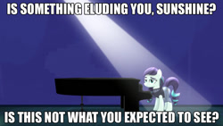 Size: 776x437 | Tagged: safe, edit, edited screencap, screencap, coloratura, earth pony, pony, the mane attraction, caption, female, grand piano, mare, musical instrument, piano, pink floyd, song reference, text edit, the wall