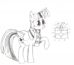 Size: 1894x1676 | Tagged: safe, artist:darelith, twilight sparkle, twilight sparkle (alicorn), alicorn, pony, christmas, clothes, female, magic, mare, monochrome, pencil drawing, present, raised hoof, scarf, sketch, solo, traditional art