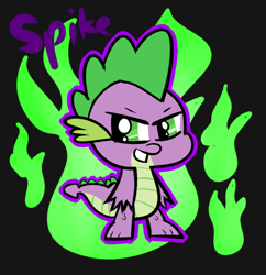 Size: 640x660 | Tagged: safe, artist:cloudyzu, spike, dragon, black background, fire, green fire, male, simple background, smiling, solo, title card