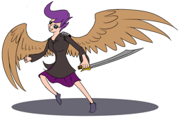 Size: 400x266 | Tagged: safe, artist:xormak, scootaloo, human, clothes, coat, humanized, running, skirt, smiling, solo, sword, weapon, winged humanization