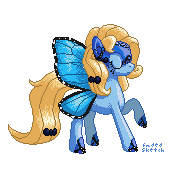 Size: 175x175 | Tagged: safe, artist:fadedsketch, oc, oc only, oc:blue peleide, butterfly, original species, butterfly pony, eyes closed, pixel art, raised hoof, simple background, solo, transparent background
