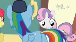 Size: 1100x618 | Tagged: safe, screencap, apple bloom, sweetie belle, pony, flight to the finish, female, hub logo, mare, plot