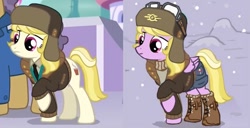 Size: 987x507 | Tagged: safe, artist:agm, edit, screencap, march gustysnows, oc, oc:dazzling "dodo" dusk, pegasus, pony, fallout equestria, fallout equestria: the fossil, princess spike (episode), clothes, coat, coincidence, comparison, goggles, hat, hoof boots, shorts, stable-tec, ushanka, vault suit, winter