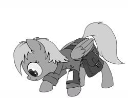 Size: 1280x1005 | Tagged: safe, artist:cannibalus, oc, oc only, oc:dazzling "dodo" dusk, fallout equestria, fallout equestria: the fossil, monochrome, pipbuck, solo