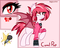 Size: 5000x4000 | Tagged: safe, artist:rarityforever, oc, oc only, oc:ruby dust, bat pony, pony, bracelet, choker, clothes, cute, cutie mark, ear piercing, earring, eyeshadow, fangs, jacket, makeup, piercing, raised hoof, smiling, solo, spiked choker, spiked wristband, spread wings, story included