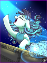 Size: 1200x1600 | Tagged: safe, artist:dragonfoxgirl, coloratura, pony, the mane attraction, clothes, crying, cutie mark, eyes closed, female, floppy ears, glowing cutie mark, i am just a pony, mare, open mouth, piano, raised hoof, solo, the magic inside