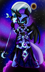 Size: 1400x2200 | Tagged: safe, artist:mongoosegoddess, nightmare moon, anthro, grin, scythe, solo, spread wings