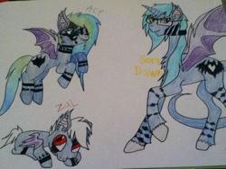 Size: 960x720 | Tagged: safe, artist:firephynix, oc, oc only, oc:ace, oc:sora dawn, oc:zal, bat pony, pony, glasses, tattoo, traditional art