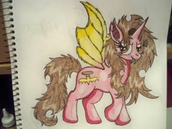 Size: 3648x2736 | Tagged: safe, artist:shelby100, oc, oc only, oc:carmela, alicorn, bat pony, pony, alicorn oc, bat ponified, fangs, race swap, solo, traditional art