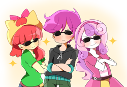 Size: 1023x704 | Tagged: safe, artist:lotte, apple bloom, scootaloo, sweetie belle, equestria girls, :<, appleswag, badass, blushing, crossed arms, cute, cutie mark crusaders, frown, gradient background, humanized, smirk, sparkles, sunglasses, swag, swagaloo, swaggerbelle