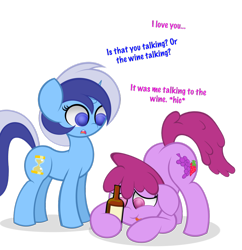 Size: 1024x1060 | Tagged: safe, artist:askshalua, berry punch, berryshine, minuette, alcohol, food, oenophilia, wine, wine bottle