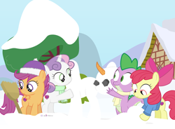 Size: 1000x735 | Tagged: safe, artist:dm29, apple bloom, scootaloo, spike, sweetie belle, dragon, pony, advent calendar, cutie mark crusaders, holiday horse days, snowmare