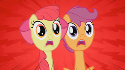 Size: 479x268 | Tagged: safe, derpibooru import, apple bloom, scootaloo, long neck, omg