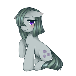 Size: 1000x1000 | Tagged: safe, artist:yanyao, marble pie, blushing, pixiv, raised hoof, simple background, solo, transparent background