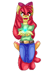 Size: 197x265 | Tagged: safe, artist:chloeprice228, apple bloom, anthro, plantigrade anthro, jumping, looking at you, magic, open mouth, pixel art, simple background, smiling, solo, transparent background, true res pixel art