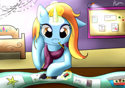 Size: 4960x3507 | Tagged: safe, artist:multraven94, sassy saddles, bed, bulletin board, drawing, filly, magic, mouth hold, pencil, sketch, solo, younger