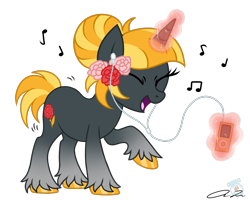 Size: 1280x1024 | Tagged: safe, artist:iheartjapan789, oc, oc only, pony, unicorn, earbuds, eyes closed, female, flower, glowing horn, ipod, levitation, magic, mare, music notes, open mouth, raised hoof, signature, simple background, solo, standing, telekinesis, transparent background, unshorn fetlocks