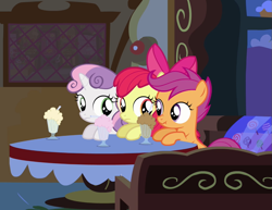 Size: 935x720 | Tagged: safe, screencap, apple bloom, scootaloo, sweetie belle, one bad apple, cutie mark crusaders, food, milkshake, scrunchy face