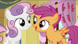 Size: 1280x720 | Tagged: safe, screencap, scootaloo, sweetie belle, on your marks, animated, awesome, clubhouse, crusaders clubhouse, cute, cutealoo, cutie mark, diasweetes, discovery family logo, grin, happy, hoofbump, smiling, the cmc's cutie marks