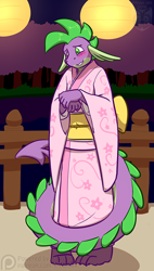 Size: 500x882 | Tagged: safe, artist:ethanqix, spike, anthro, dragon, blushing, clothes, crossdressing, cute, kimono (clothing), older spike, shy, solo, teenage spike, teenaged dragon, tree