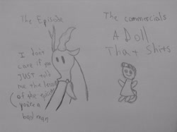 Size: 2592x1936 | Tagged: safe, artist:poorlydrawnpony, discord, what about discord?, lalaloopsy, monochrome, vulgar