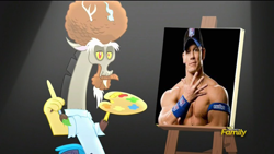 Size: 1024x576 | Tagged: safe, edit, edited screencap, screencap, discord, what about discord?, bob ross, discord's painting, draconiross, john cena, meme