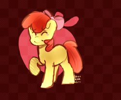 Size: 1200x1000 | Tagged: safe, artist:sundaeswirl, apple bloom, apple, bow, checkered background, female, filly, food, signature, solo