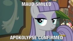 Size: 800x450 | Tagged: safe, edit, edited screencap, screencap, beaude mane, luckette, maud pie, earth pony, pony, the gift of the maud pie, background pony, caption, female, image macro, male, mare, meme, misspelling, smiling, solo focus, stallion, when she smiles