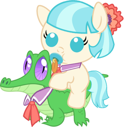 Size: 886x892 | Tagged: safe, artist:red4567, coco pommel, gummy, pony, baby, baby pony, cocobetes, cute, pacifier, ponies riding gators, riding, weapons-grade cute