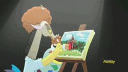 Size: 500x281 | Tagged: safe, screencap, discord, what about discord?, animated, bob ross, brush, canvas, discovery family, discovery family logo, draconiross, easel, painting, palette, parody, solo
