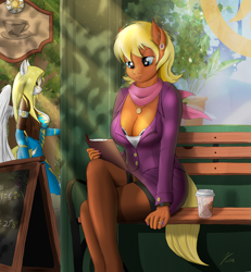 Size: 1750x1890 | Tagged: safe, artist:kasaler, ms. harshwhinny, surprise, anthro, earth pony, pegasus, bench, beverage, bra, breasts, busty surprise, cafe, cleavage, clothes, cougar, crossed legs, ear piercing, earring, female, jewelry, legs, mare, ms. harshtitties, nail polish, outdoors, outfit, piercing, ring, skirt, skirt lift, skirt suit, stockings, suit, surprisamena, underwear, unprofessional, watch, wonderbolts uniform, wristwatch