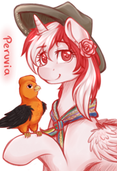 Size: 2050x3000 | Tagged: safe, artist:assa-chan, oc, oc only, oc:princess peruvia, bird, flower, hat, heart eyes, solo, wingding eyes