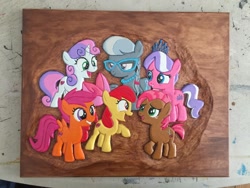 Size: 1024x768 | Tagged: safe, artist:spikefiremane, apple bloom, babs seed, diamond tiara, scootaloo, silver spoon, sweetie belle, commission, cutie mark, cutie mark crusaders, open mouth, the cmc's cutie marks, woodwork