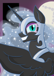 Size: 731x1024 | Tagged: safe, artist:amyskyblazer, nightmare moon, full moon, looking at you, looking back, mare in the moon, moon, sparkly mane