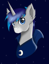 Size: 725x950 | Tagged: safe, artist:niniibear, oc, oc only, oc:astro grey, pony, unicorn, bust, commission, cute, ear fluff, magician, moon, night, solo, wizard