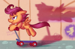 Size: 1280x828 | Tagged: safe, artist:abbystarling, scootaloo, flying, scooter, shadow, solo