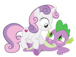 Size: 1280x975 | Tagged: safe, artist:rozyfly10, spike, sweetie belle, dragon, blushing, cutie mark, female, male, shipping, simple background, spikebelle, straight, the cmc's cutie marks, transparent background