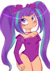 Size: 1024x1448 | Tagged: safe, artist:enyelita, aria blaze, equestria girls, ariabetes, cleavage, colored pupils, cute, eye clipping through hair, female, humanized, leotard, simple background, solo, watermark
