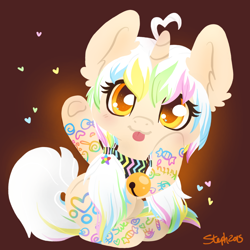 Size: 800x800 | Tagged: safe, artist:coffeecuppup, oc, oc only, oc:luella, unicorn, bell, bell collar, collar, ear fluff, fluffy, hair accessory, hair tie, heart, multicolored hair, multicolored mane, multicolored tail, pigtails, solo, tongue out