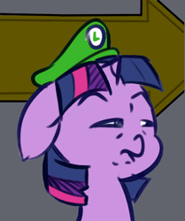 Size: 522x625 | Tagged: safe, artist:krucification, twilight sparkle, cap, glare, hat, luigi, luigi's hat, solo, squint, super mario bros.