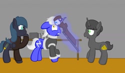 Size: 1280x749 | Tagged: safe, artist:minty candy, oc, oc only, oc:night strike, oc:static charge, earth pony, pegasus, pony, unicorn, fallout equestria, fallout equestria: empty quiver, gun, indoors, magic, rifle, shop, story, table, telekinesis, weapon